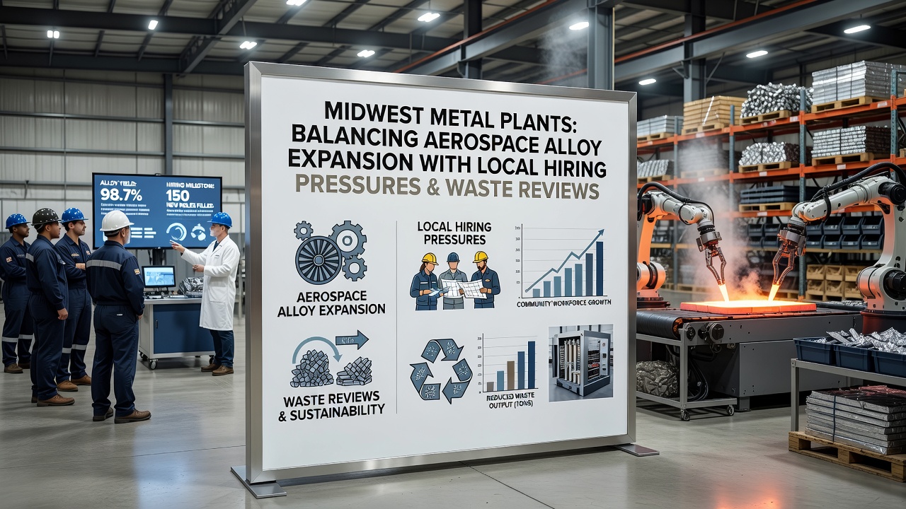 Waste management review meeting at a Midwest metal processing plant with regulatory documentation and equipment