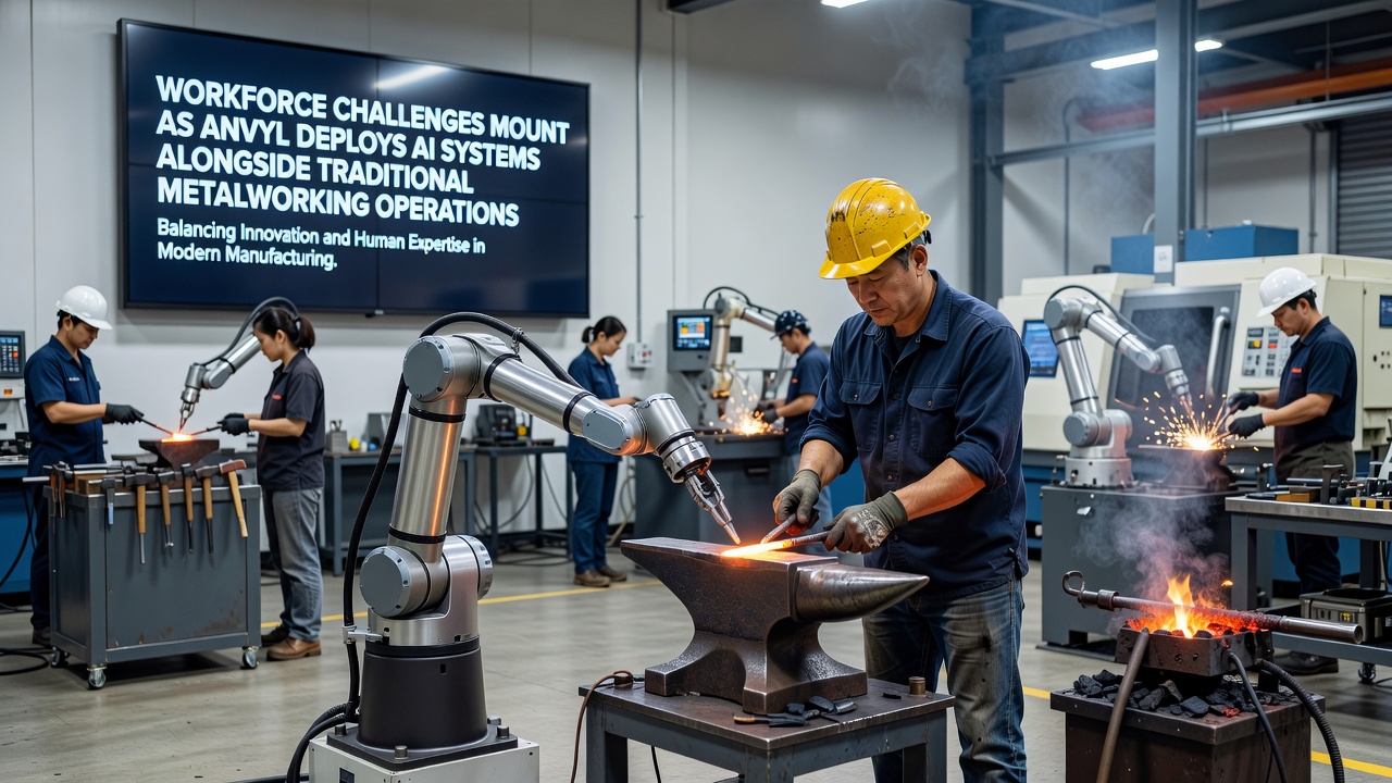 Workers reviewing AI dashboard outputs next to conventional metal presses in an Ohio plant